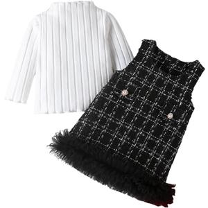 2PCS Baby Girl Mock Neck Long Sleeve Knitted Shirt + Zipper Sleeveless Ruffles Lace Tweed Straight Dress Sets (4-5T, Black)