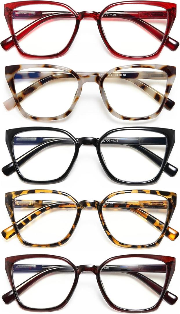 EYEURL Cat Eye Reading Glasses for women - 5 Pack Blue Light Blocking Reading Glasses Ladies +2.50 Fashion Square Frames Magnification with Spring Hinge