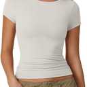 QINSEN Women's Crew Neck Short Sleeve Tees Double Lined Slim Fit T Shirt Basic Y2K Tops Small