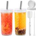2 Pcs 24oz Glass Cups Set, Mason Jar Drinking Glasses with Lids and Straws & 2 Airtight Lids, Cute Reusable Smoothie cups, Iced Coffee Cups, Travel Tumbler for Bubble Tea, Juice, Gift