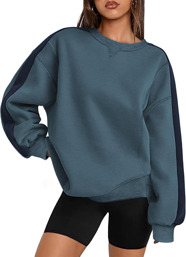 Zeagoo Womens Sweatshirt Long Sleeve Color Block Fleece Hoodies Fall Casual Crewneck Pullover Tunic Tops 2024 (Blue, XXL)