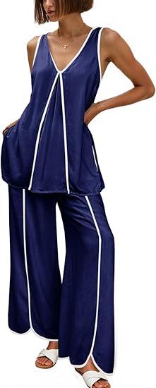 Cicy Bell Womens Summer Lounge Sets V Neck Sleeveless Tunic Tops Pajamas Sets Comfy Loungwear Wide Leg Pants 2 Piece Outfits, (Navy, Large)