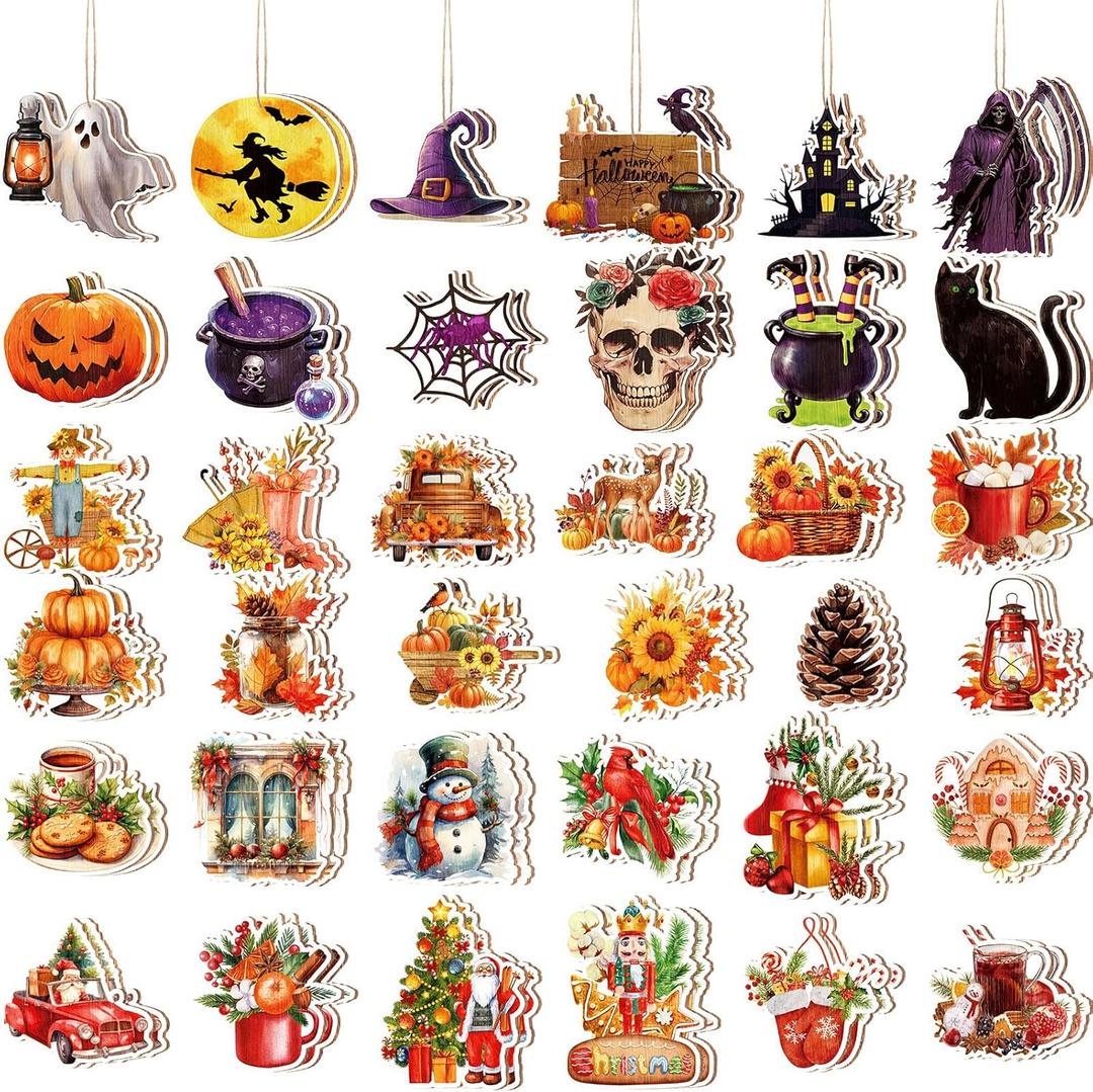 72 Pcs Christmas Wooden Ornaments Decor Santa Claus Hanging Ornaments for Christmas Tree Vintage Xmas Tree Ornament for Holiday Thanksgiving Party Favors Supplies Decorations