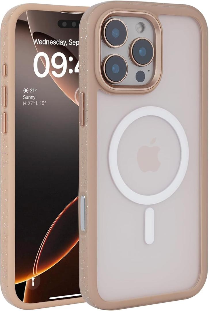 Design for iPhone 16 Pro Max Bumper Case, Compatible with MagSafe, Drop-Resistant & Shockproof, Full Back Coverage, Starry Border Design (Desert Gold)