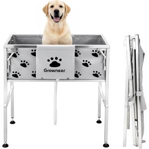 GROWNEER Foldable Dog Bath Tub,300LB Portable Pet Grooming Tub with Stainless Steel Frame, Elevated Dog Washing Station for Small to Medium Dogs and Cats, Indoor Outdoor Use