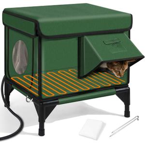 Heated Cat House for Outside,Dual Camera Mounts,100% Weatherproof & Extremely Insulated,Elevated Feral Cat Shelter with Escape Door,Waterproof Eaves for Outdoor Stray Barn Cat(Army Green,S) (16.5"L x 12.6"W x 17.7"H)