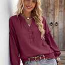 Womens V Neck Button Down Tops Puff Long Sleeve Tunic Blouse Dressy Loose Fit Basic T Shirt Business Casual Work Tops (Medium, Wine)
