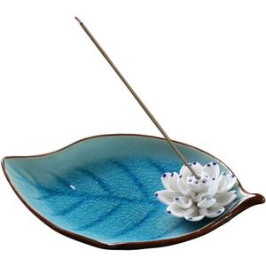 Incense Holder for Sticks, Ceramic Incense Ash Catcher Tray, Leaf-Shape Tray and Lotus Sticks Holder (Sky Blue)