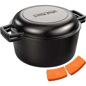 2-in-1 Pre-Seasoned Cast Iron Double Dutch Oven Pot with Skillet Lid & Silicone Sleeves Raised Rib Skillet Lid Umite Chef 7QT Cast Iron Skillet Cookware Pan Set wirh Dual Handles Oven, Grill, Campfire & Stovetop Safe PFAS-Free