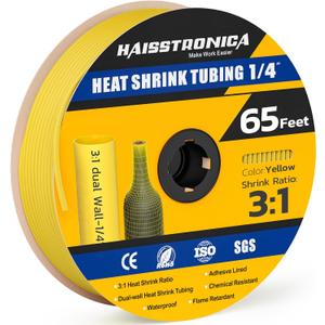 haisstronica 3:1 Heat Shrink Tubing, Shrink Ratio Adhesive Lined Marine Grade Heat Shrink Tube for Home, Automotive and Industrial (Yellow) 65FT 1/4inch