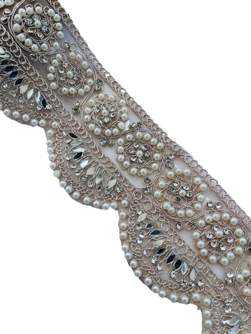 2.3 Inch Pearl Mirror Zircon Embellished Lace Trim – Luxury Scalloped Border for Sarees, Dresses, Home Décor & DIY Projects – Sold by The Yard (1, 3, 6 Yard Options) (1)