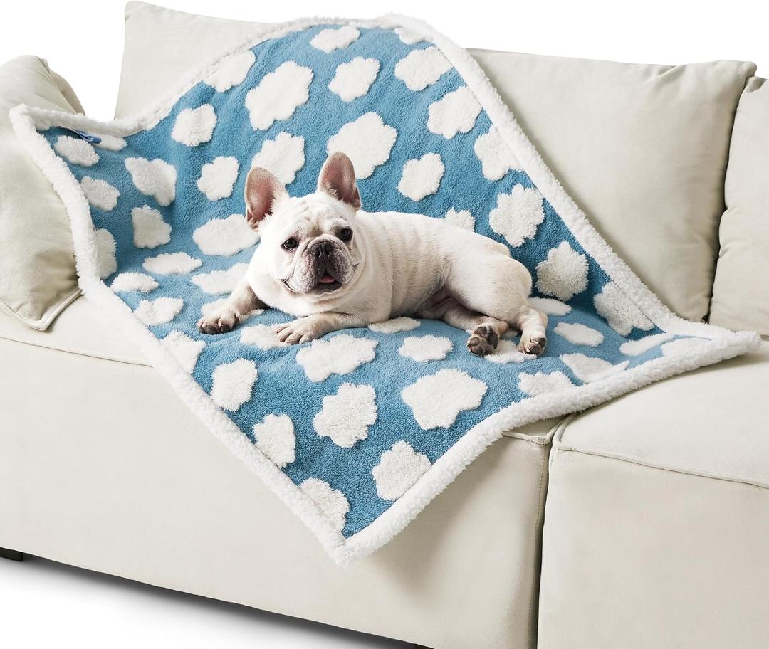LE SURE Waterproof Dog Blanket for Medium Dogs - Washable Double Sided Dog Blankets with Warm Jacquard Shag and Soft Sherpa Fleece, Pet Cat Blanket for Couch Protection, 3D Textured Cloud, Blue