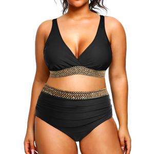 Yonique Womens Plus Size Bikini High Waisted Swimsuits Two Piece Bathing Suits Tummy Control Swimwear Black Weave 18Plus