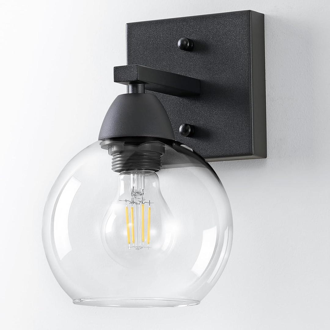 Bathroom Light Fixtures, 1-Light Matte Black Vanity Light with Hand-Blown Globe Glass Shade, High Clarity & Durable, Wall Sconce for Mirror, Kitchen, Bedroom, Hallway