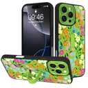 Fsoole for iPhone 16 Pro Max Case with Finger Strap Holder, Cute Colorful Floral Flower Print Pattern Design for Women Girls, Shockproof Anti Scratch Hand Kickstand Protective Cover, Green