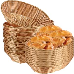 SINJEUN 30 Pack Wicker Bread Basket, Handwoven Oval Plastic Basket, Woven Tabletop Fruit Vegetables Food Serving Basket for Home, Kitchen, Restaurant, Light Brown (30 Pack 9 x 6 x 2.5 Inch)
