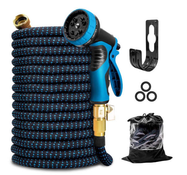 Kotto 75 ft Flexible Garden Hose, Water Hose for Outside with 10 Spray Nozzles, Brass Connector, Leak-Proof, Blue