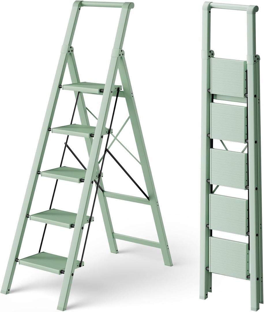 HillhutApex 5 Step Foldable Aluminum Step Ladder with Handgrip, Anti-Slip Pedal, 330 lbs Capacity, Lightweight & Portable for Home, Kitchen, Office, Garage (Pale Green)