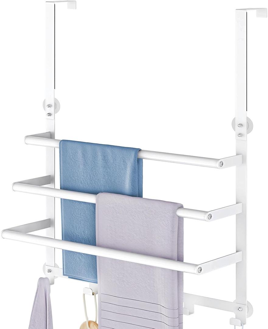Over The Door Towel Rack, Over Door Towel Racks for Bathroom Door with 5 Hooks, 3 Tier Towel Storage Hanger Holder for Bathroom Accessories, 16 Inch Towel Bar for Hanging Towels, White
