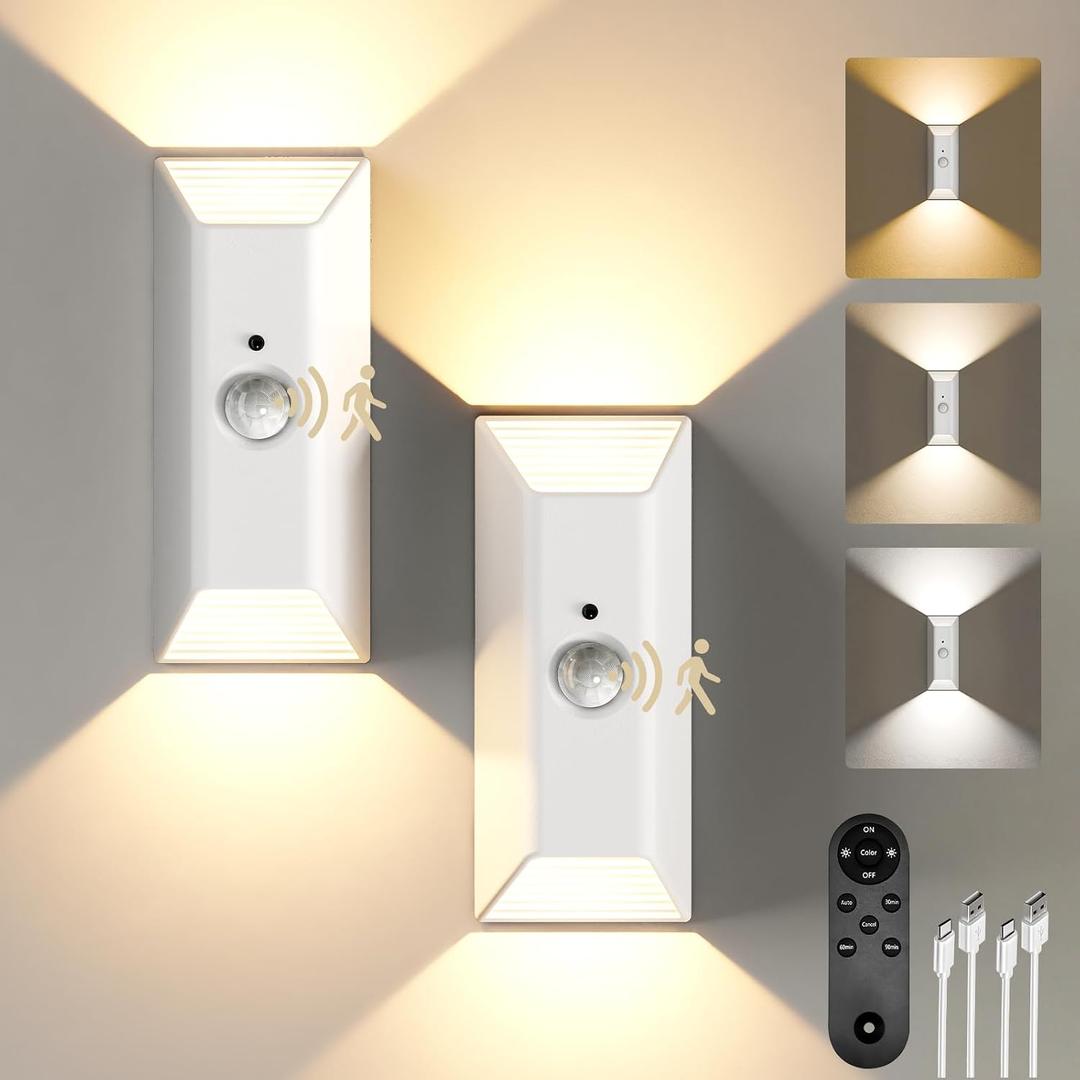 EZVALO Motion Sensor Wall Lights, 4000mAh Rechargeable Battery Operated Wall Sconces Set of 2, 3 Color Temps, Dimmable, Wireless Magnetic Night Light with Remote, Timer, for Stair, Hallway, Bathroom