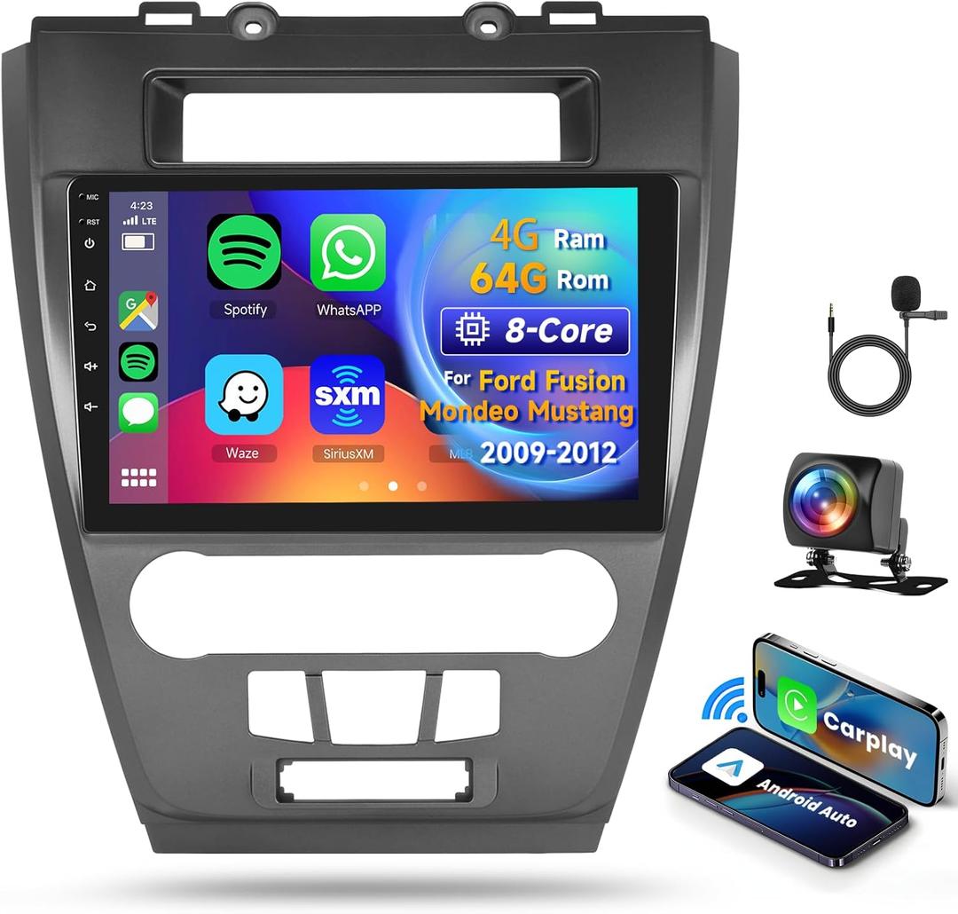 8 CORE 4G+64G Car Radio for Ford Fusion Mondeo Mustang 2009-2012, Wireless Carplay Android Auto Android 13 10.1 Inch IPS Touch Screen Stereo, Bluetooth, GPS, WiFi, SWC, DSP+ Backup Camera