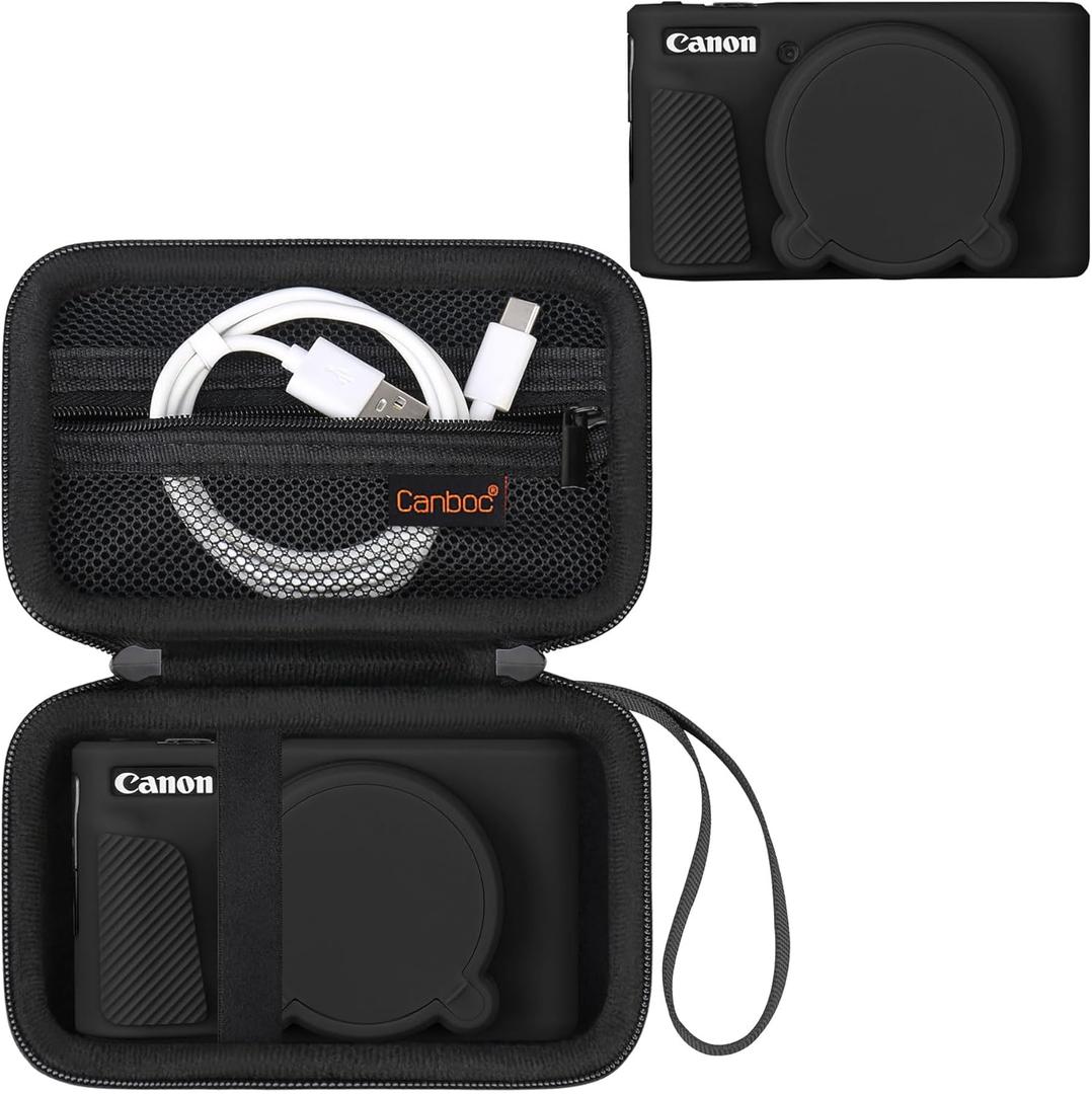 Canboc Case for Canon PowerShot SX740/SX730, Hard Carrying Case + Soft Silicone Protective Cover with Removable Lens Cover, Black