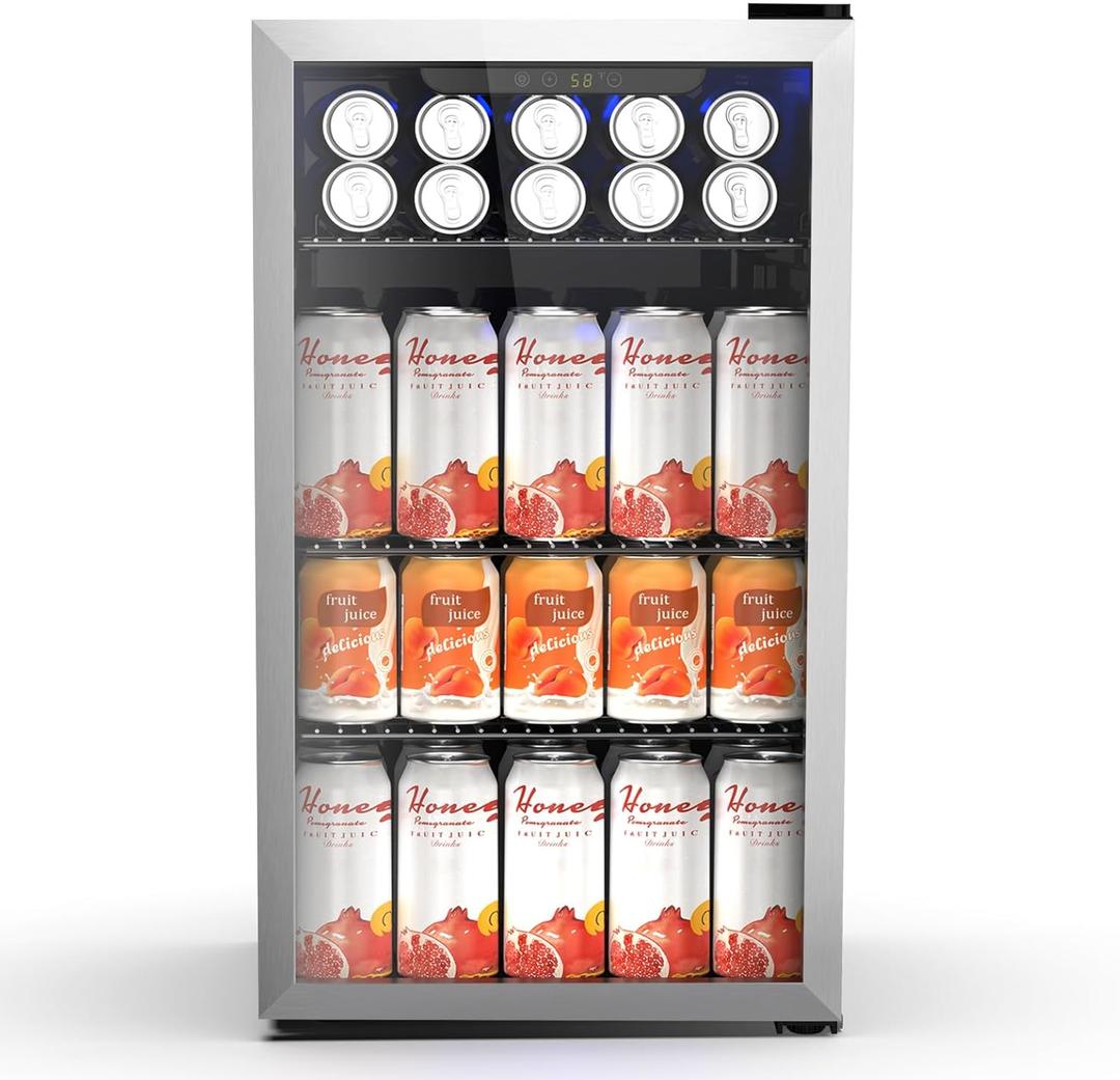 130 Can Beverage Refrigerator Built In Freestanding Wine Fridge with Stainless Steel Reversible Glass Door, Quiet Compressor LED Touch Control for Home Kitchen Bar, 3.2 Cu.ft Silver