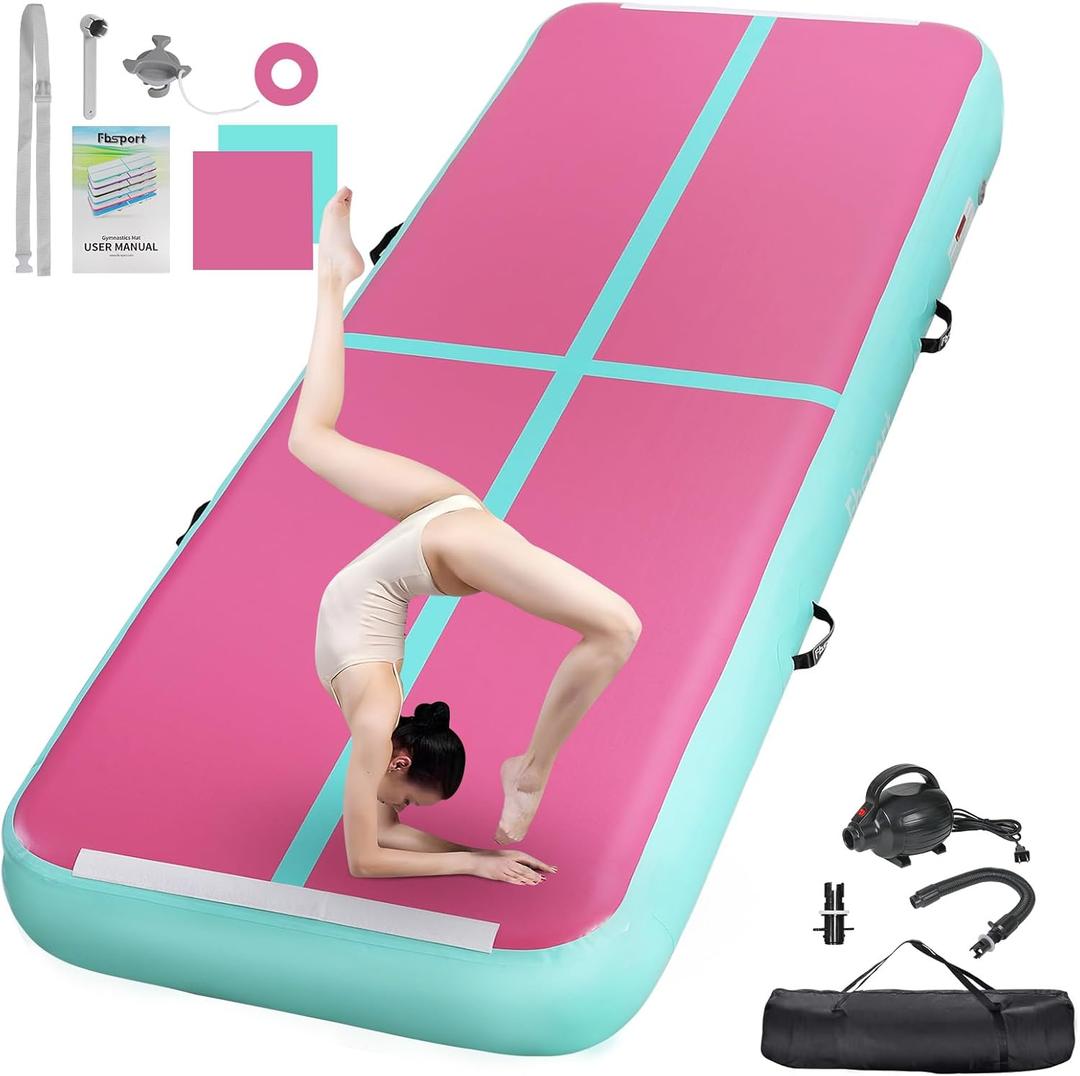 FBSPORT Inflatable Air Gymnastics Mat Training Mats 4/8 inches Thickness Gymnastics Tracks for Home Use/Training/Cheerleading/Yoga/Water with Pump (10ft*3.3ft*4in(3*1*0.1m), Pink+Green)