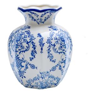 Blue and White Ceramic vase, Chinoiserie Floral Scroll Design with Wavy Blue Rim, Hand Painted Mantel Decor, Porcelain, Home Decor (Small, Mantangchun