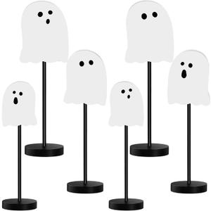 6 Pcs Halloween Table Decorations Cute Ghost Wooden Signs Halloween Tiered Tray Decor White Ghost Spooky Table Centerpiece Tall Block Sign for Party Home Mantel Shelf Room Decor