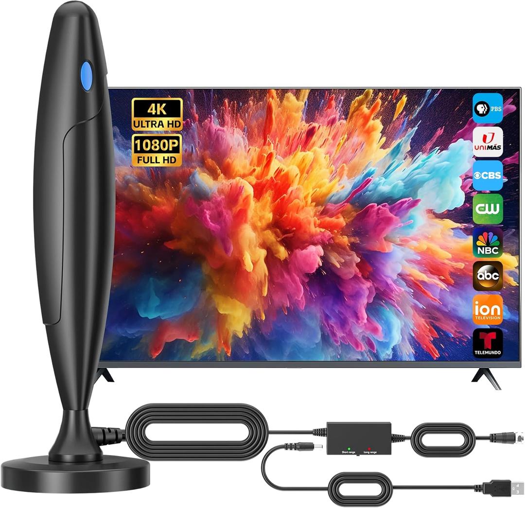 TV Antenna for Smart TV Indoor, Digital Antenna for Local Channels, Support 4k 1080p with Strong Magnetic Base, Long Range Reception with Amplifier Signal Booster for Old/HD TVs (Black)