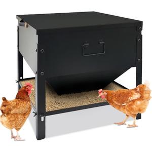 Metal Chicken Feeder No Waste, Large Capacity Poultry Feeder, Adjustable Galvanized Steel Chicken Coop Feeder with Lid and Handle