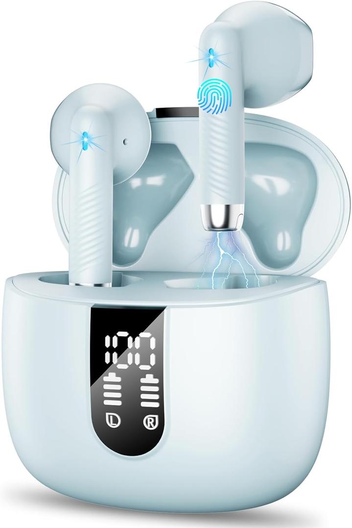 Wireless Earbuds, 2024 Bluetooth Headphones V5.4 Ear Buds Built-in ENC Noise Cancelling Mics, 40H Stereo Bass Bluetooth Earbuds with Dual LED Display, IP7 Waterproof Earphones for Android iOS, Green