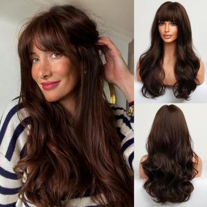HAIRCUBE Long Brown Wig with Bangs Wave Curly Wigs for Women 26 inch Heat Resistant Natural Synthetic Wig for Daily Use,  Brown