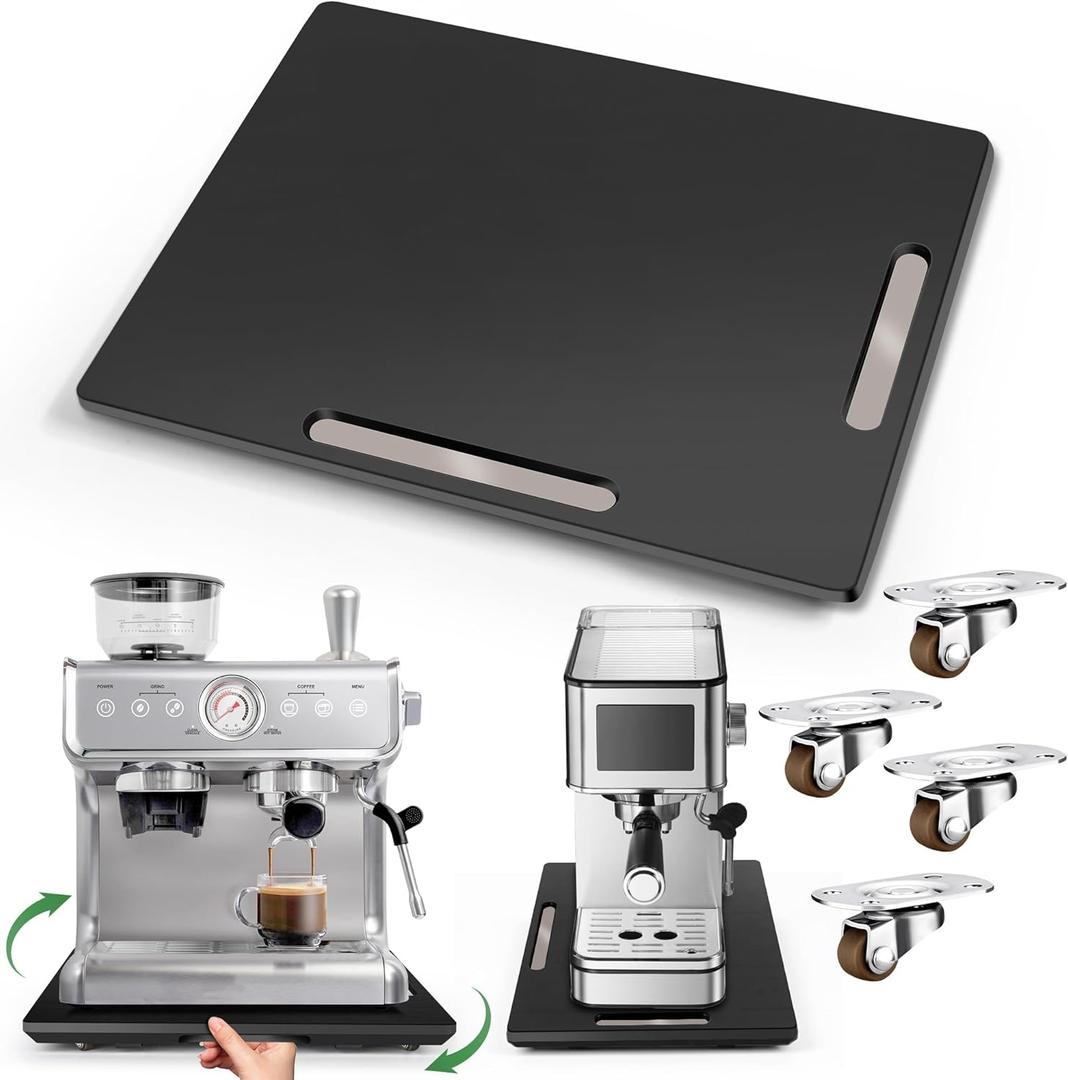 Joy&Grace Appliance Slider for Kitchen Appliances 360 Rolling Sliding Tray for Coffee Maker Countertop, Bamboo Coffee Pot Slider Rolling Tray with Universal Rollers (Black, Large 16"x13")