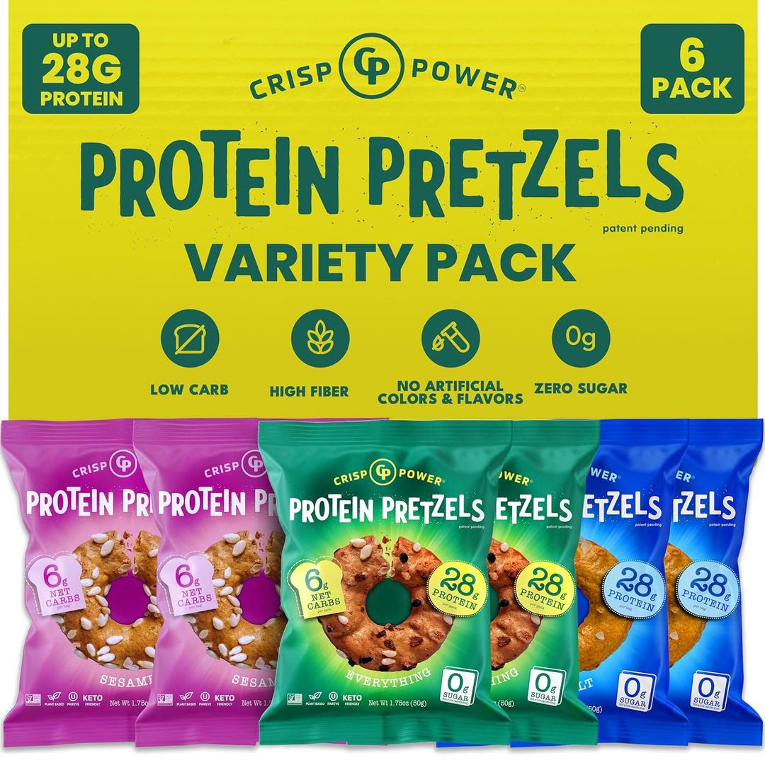 CRISP POWER Protein Pretzels, Variety Pack With Sea Salt, Sesame, & Everything, Up To 28G Protein, High Protein Snack, High Fiber, Low Carb Crunchy Pretzel Snacks, No Added Sugar, 1.75 oz Bags, 6 Pack, Vegan, Keto (EXP 01/21/27)