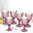 Vintage Wine Glasses Set of 6, Plastic Reusable 12 Ounce Colored Water Goblets, Unique Embossed Pattern Unbreakable Stemmed Wine Glasses High Clear Wedding Party Bar Drinking Cups Purple