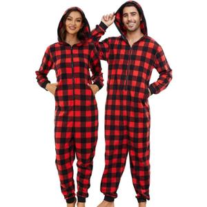 U2SKIIN Couple Onesie Pajama Sets, Hooded Zipper Christmas Matching Plaid Pjs Set for Men and Women Soft Warm Jumpsuit (Red, S)