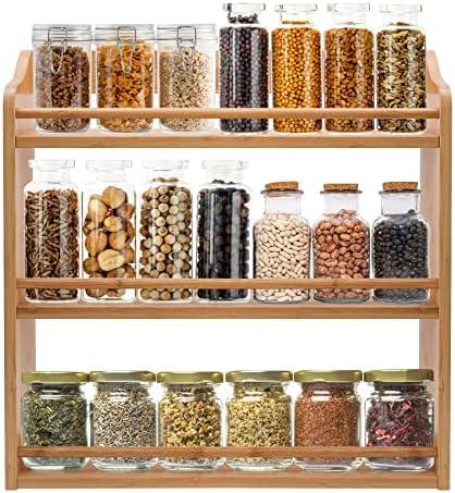 FoverOne 3 Tier Bamboo Spice Rack, Seasoning Jars Rack Shelf Spice Organizer for Kitchen Countertop or Wall Mounting, 5.11" D x 15.74" W x 16.53" H