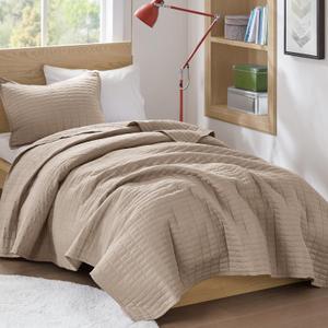 Comfort Spaces Kienna Quilt Set-Luxury Double Sided Stitching Design Summer Blanket, Lightweight, Soft, All Season Bedding Layer, Matching Sham, Taupe, Coverlet Twin/Twin XL(66"x90") 2 Piece