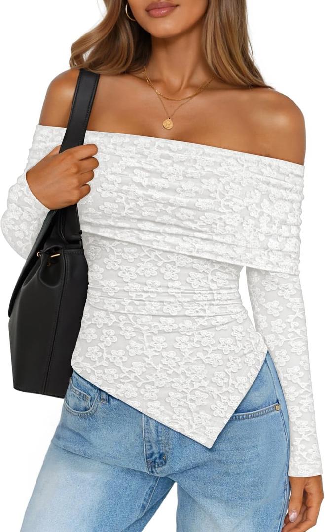 ZESICA Women's Fall Floral Off Shoulder Tops 2025 Mesh Long Sleeve Shirts Asymmetrical Ruched Tee Blouses Trendy Outfits (S)
