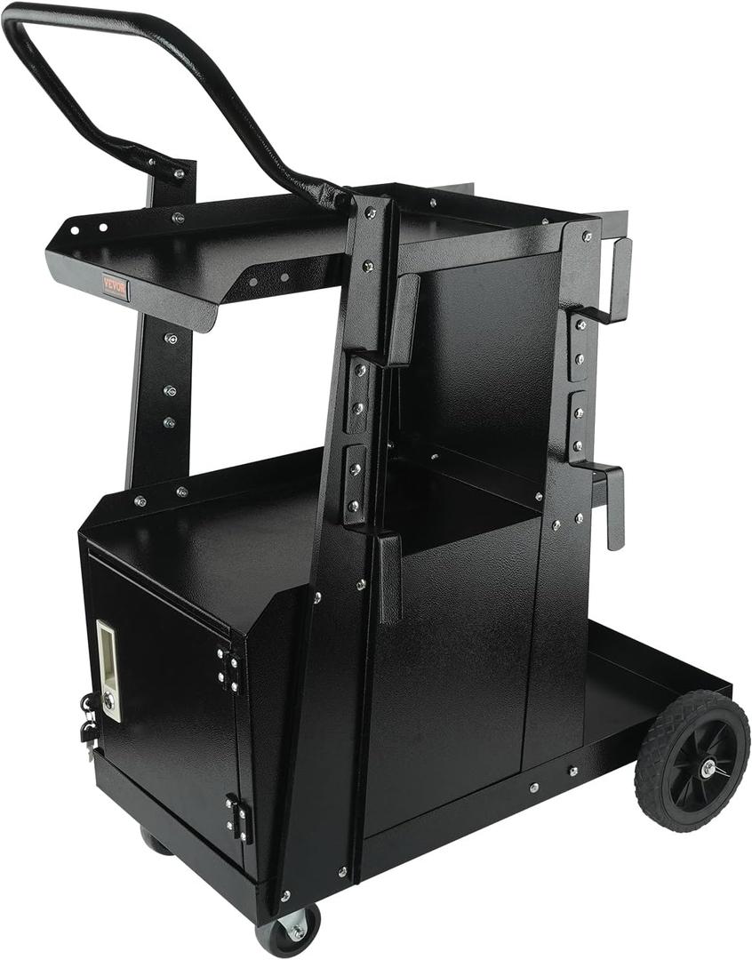 VEVOR 2-Tier Welding Cart, Welder Cart Heavy Duty with Anti-Theft Lockable Cabinet, 360 Swivel Wheels, Tank Storage Safety Chains for TIG, ARC, Plasma Cutter - 265LBS Static Weight Capacity