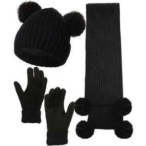 Geyoga 3 Pcs Kids Winter Hat Gloves Scarf Set for Age 2-8 Yrs Boys Girls Winter Toddler Warm Fleece Lined Hat Scarf Gloves (Black)