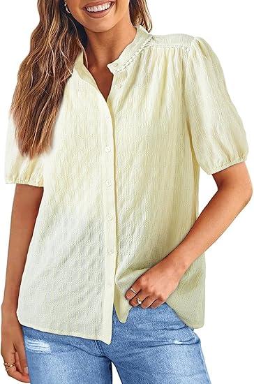 EVALESS Womens Button Down Shirts Cute Short Puff Sleeve V Neck Tops Spring Summer Blouses for Women Dressy Casual Small