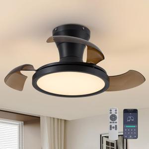 28 Inch Retractable Ceiling Fan with Light Remote Dimmable 6 Speed Reversible Small Light Ceiling Fixtures Modern Bladeless Silent Smart Fan for Bedroom Living Room Kitchen (Black and Brown)