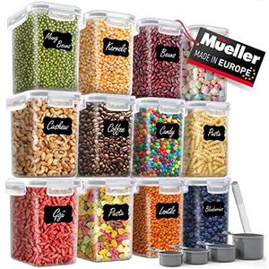 Mueller Airtight Storage Food Container Set with Lids – 12-Piece, Kitchen & Pantry Organization and Storage, Dishwasher, Freezer and Microwave Safe – 12 Labels, 4 Measuring Cups and Marker, White