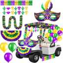39-41 Pcs Mardi Gras Golf Cart Decoration Kit Purple Green Gold Car Wagon Parade Supplies Tragedy Comedy Mask Garland Decor for Holiday Party Decoration