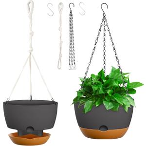 10 Inch Hanging Planters for Indoor & Outdoor Plants (2 Pack) - Self-Watering & Drainage Flower Pots with 2 Kinds of Plant Hangers for Home Decor & Garden (Deep Gray, 10 in)