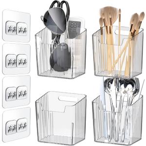 4 Pack Wall Organizers and Storage - Clear Acrylic Cabinet Door Organizer Bins, Adhesive Remote Control Holder, Space-Saving Stackable Wall Storage for Bathroom, Kitchen, Pantry, RV, Dorm, Office