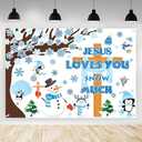 AIBIIN 7x5ft Winter Jesus Backdrop Winter Bulletin Board Decorations Banner Snowman Jesus Loves You Snow Much Photography Background Church Christmas January Party Banner Props
